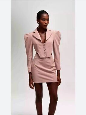 Innovare denim Skirt Suit  Puff-Sleeve in Dusty Pink NWT